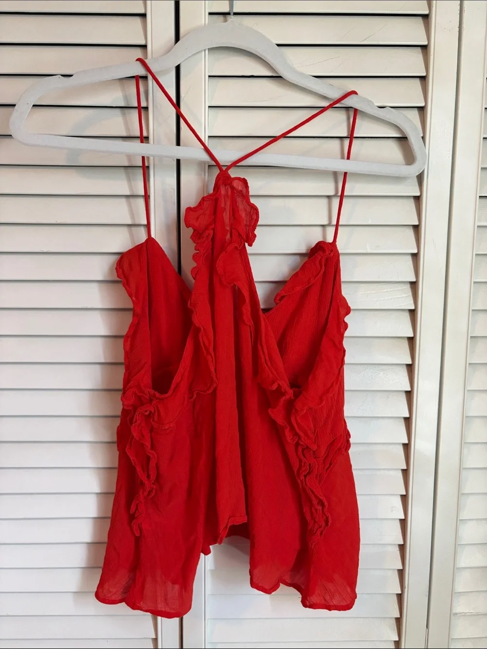J. Crew Medium Bright Red Orange Ruffle Cami Spaghetti Straps Crinkle Tank